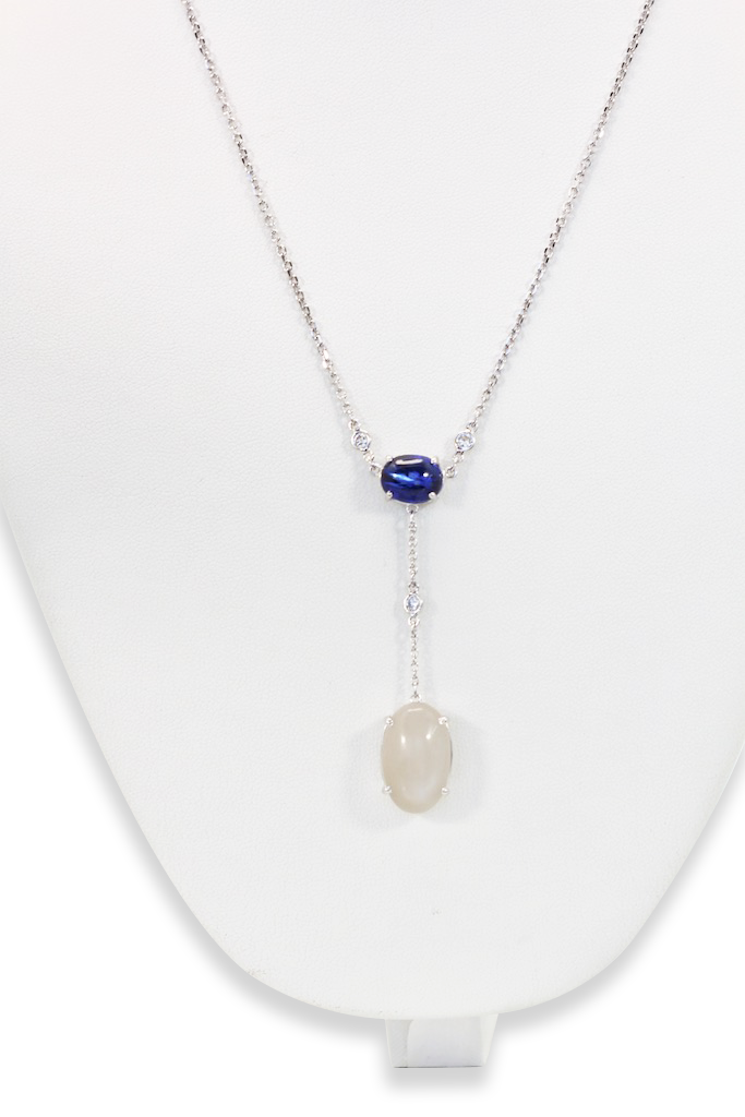 Sapphire Moonstone Diamond Drop Necklace 18K