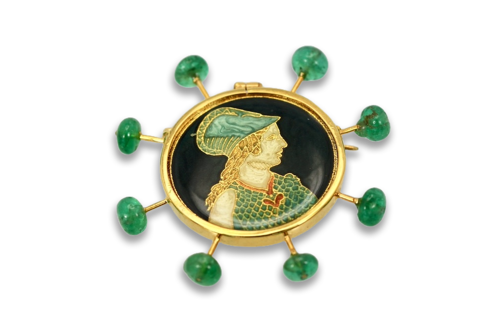 Renaissance Brooch with Emerald accents in 18K Yellow Gold