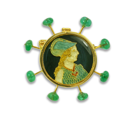 Renaissance Brooch with Emerald accents in 18K Yellow Gold