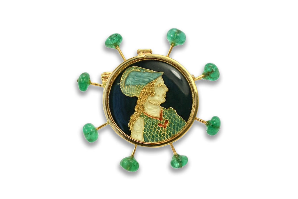 Renaissance Brooch with Emerald accents in 18K Yellow Gold