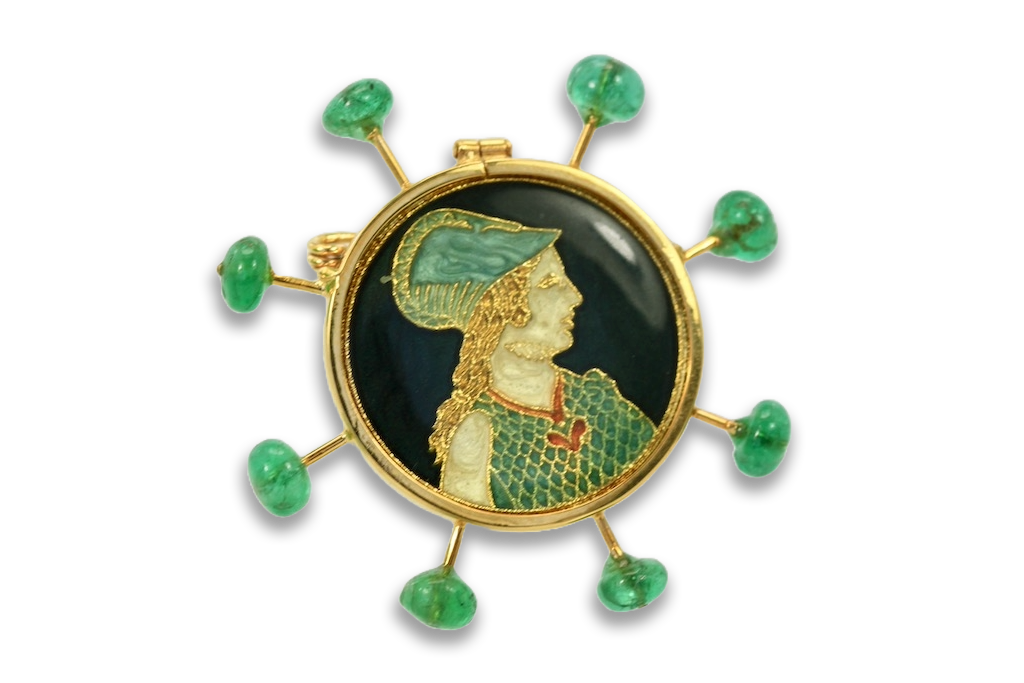 Renaissance Brooch with Emerald accents in 18K Yellow Gold