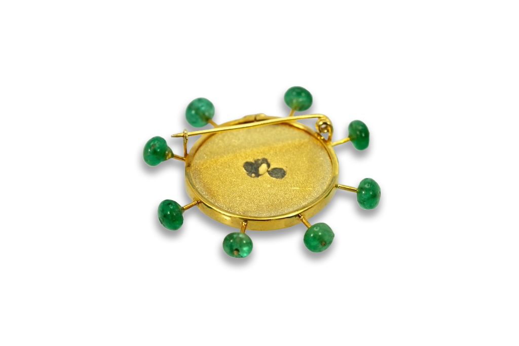 Renaissance Brooch with Emerald accents in 18K Yellow Gold