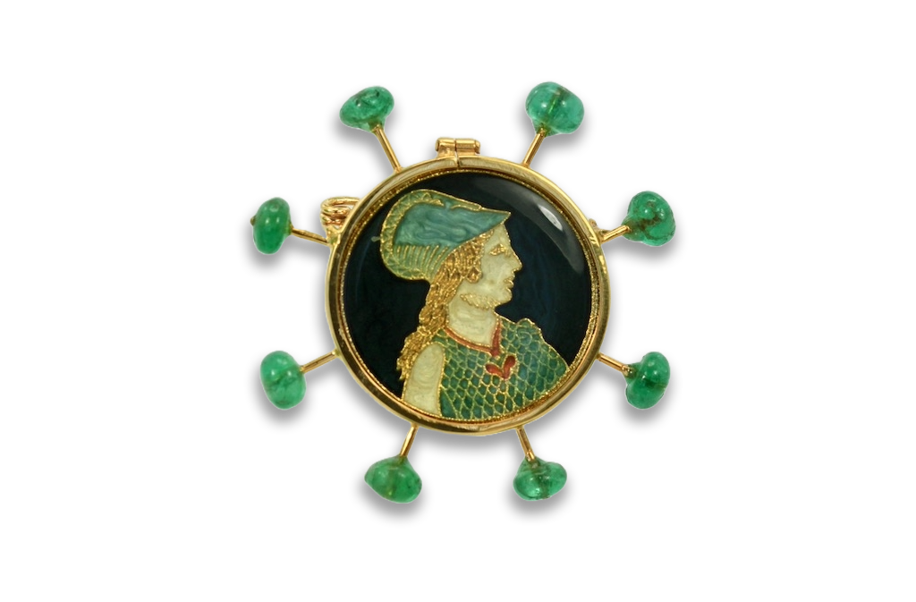 Renaissance Brooch with Emerald accents in 18K Yellow Gold