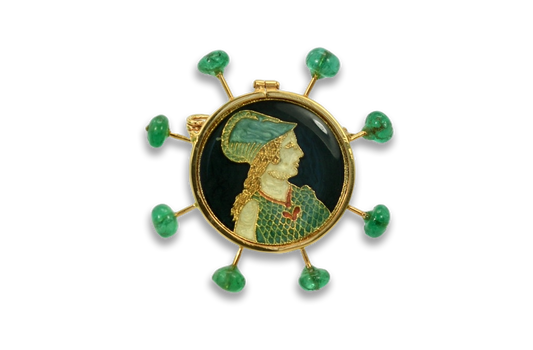 Renaissance Brooch with Emerald accents in 18K Yellow Gold