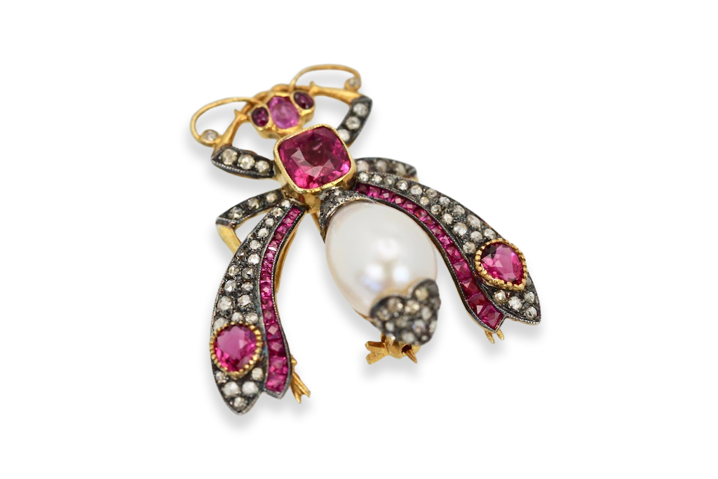 Antique Ruby Pearl Diamond Insect Brooch Pendant 18k