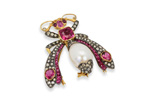 Antique Ruby Pearl Diamond Insect Brooch Pendant 18k