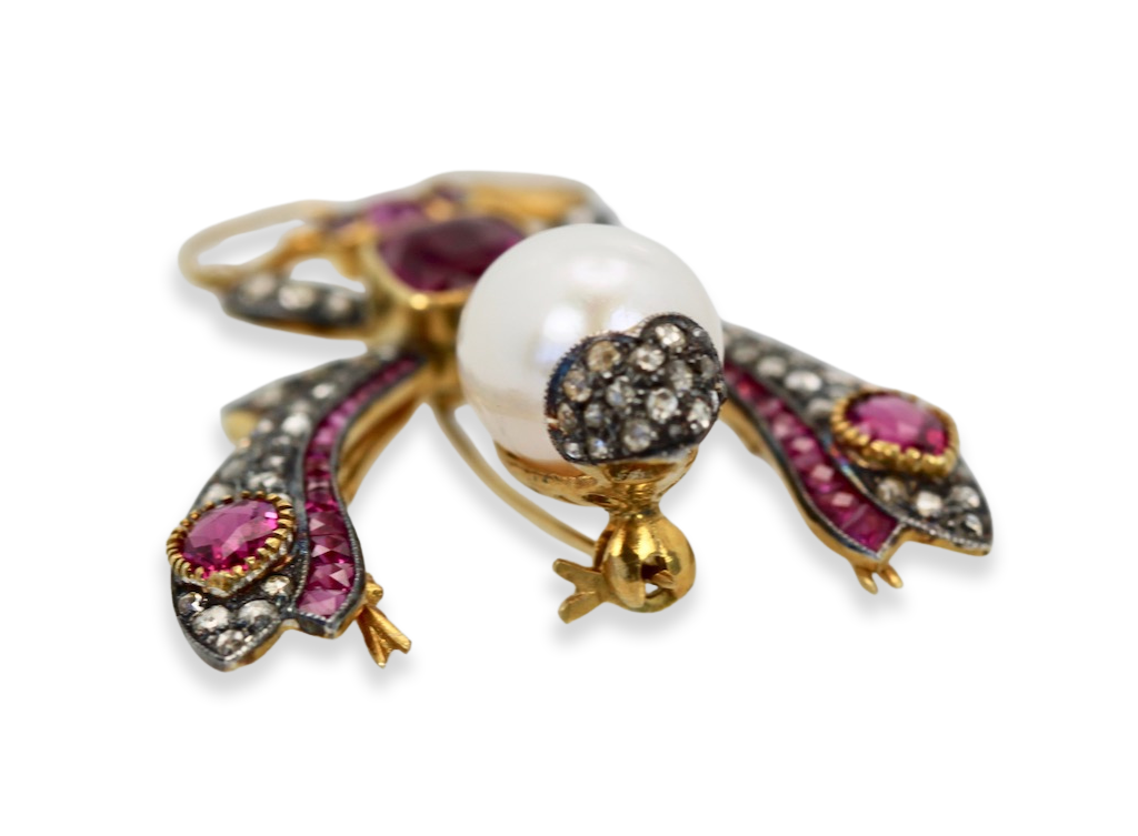 Antique Ruby Pearl Diamond Insect Brooch Pendant 18k