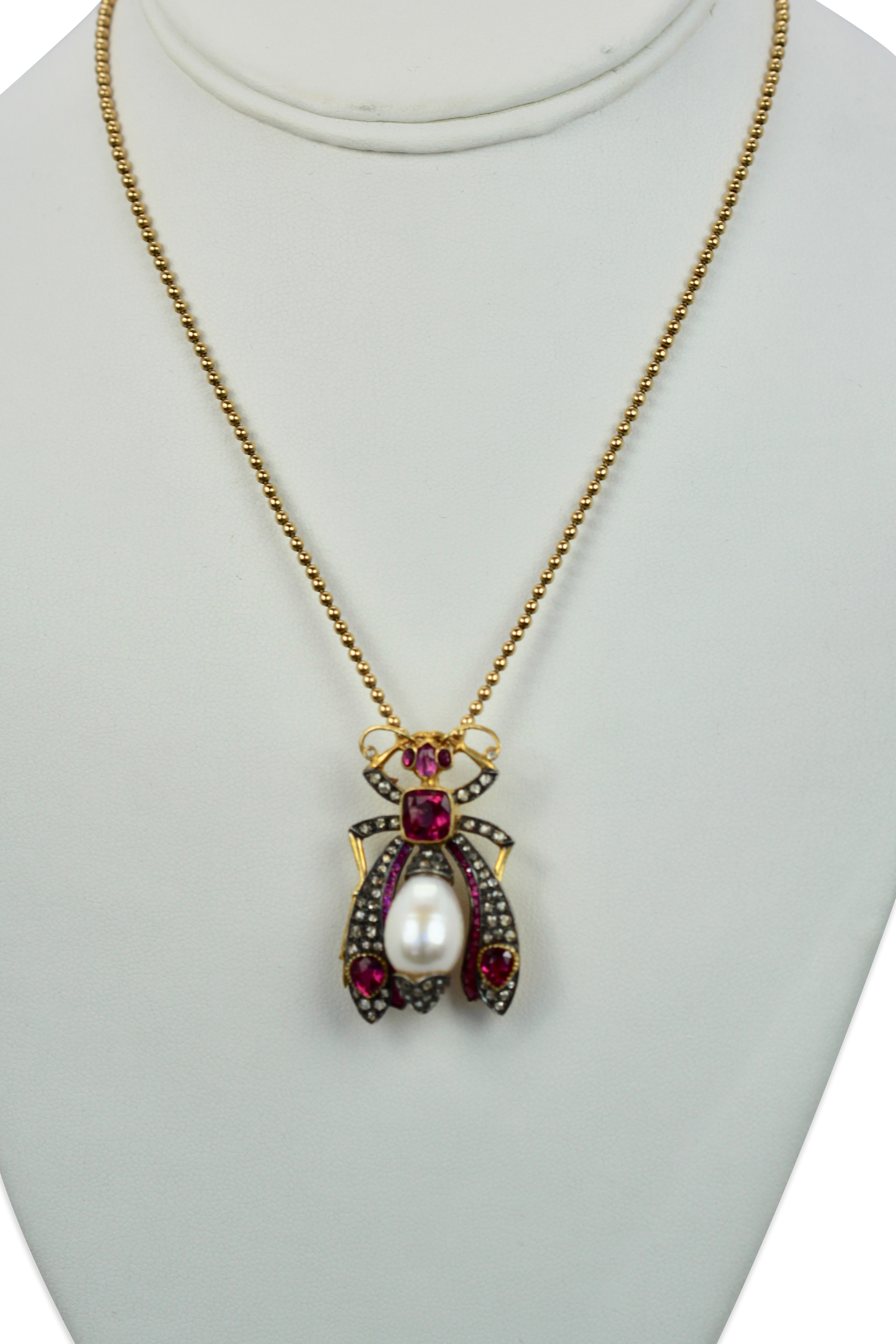 Antique Ruby Pearl Diamond Insect Brooch Pendant 18k