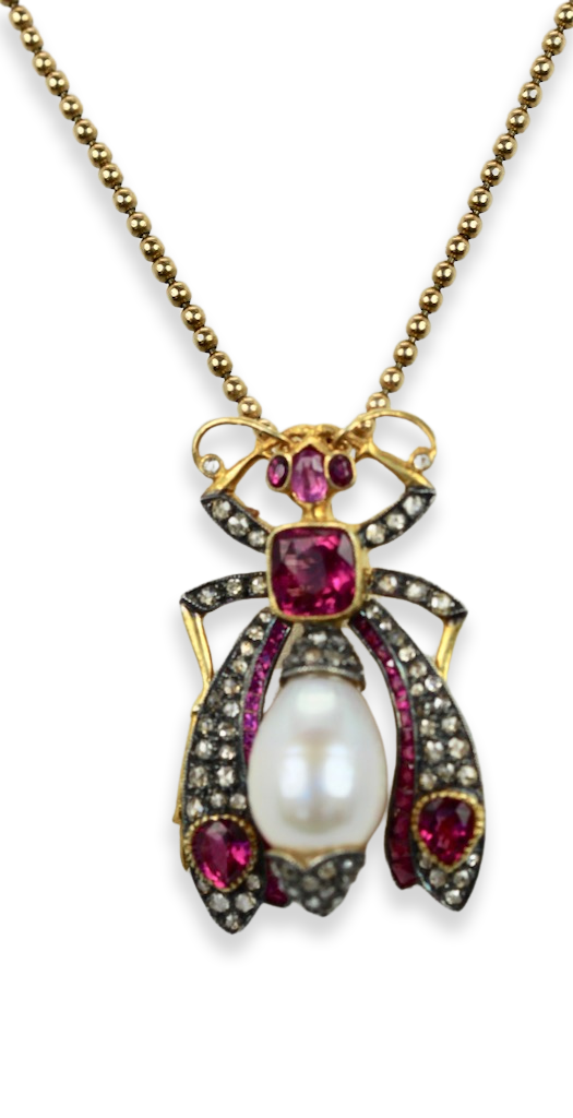 Antique Ruby Pearl Diamond Insect Brooch Pendant 18k