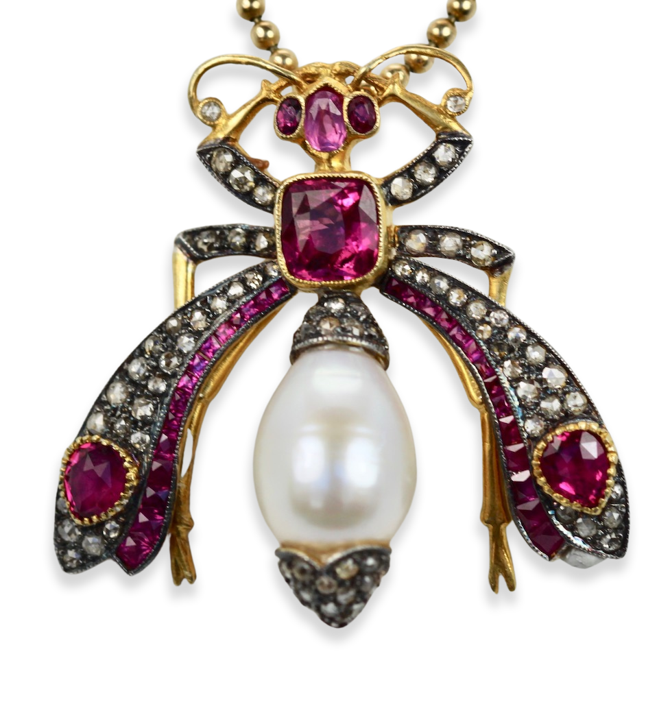 Antique Ruby Pearl Diamond Insect Brooch Pendant 18k