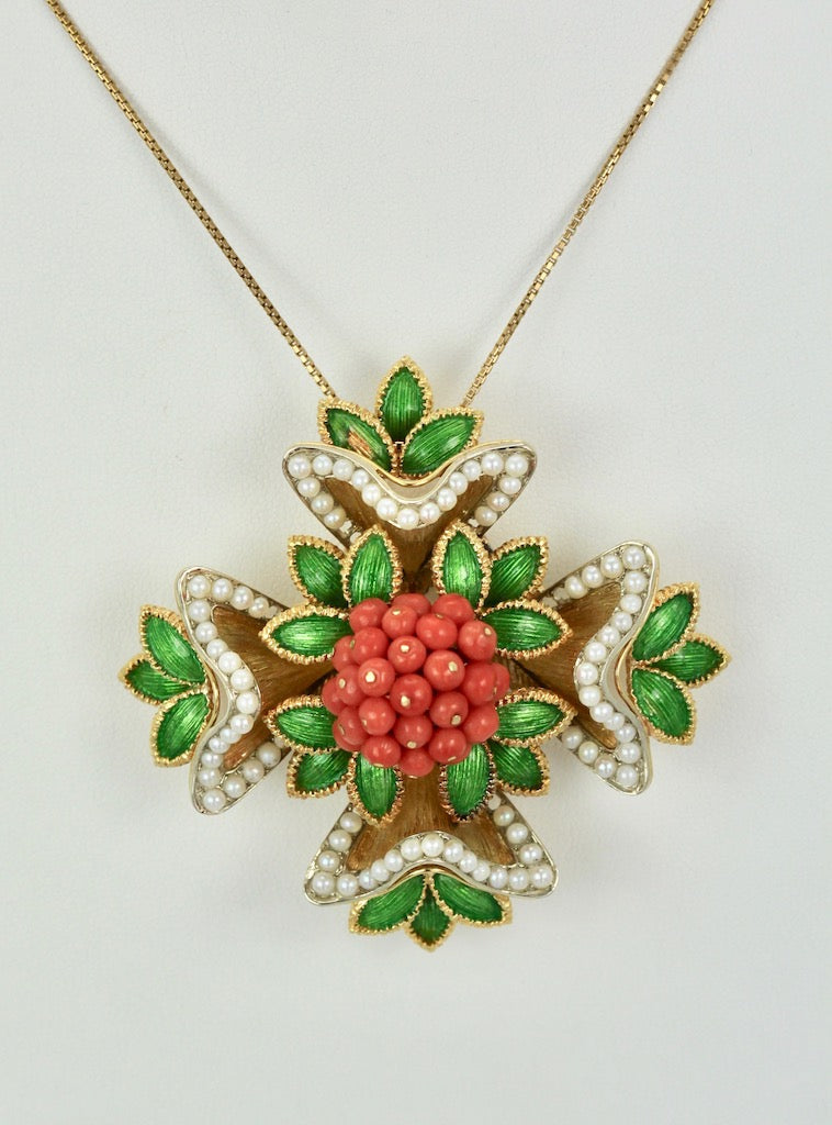 French Enamel, Pearl, Coral, Maltese Cross Flower Brooch Pendant