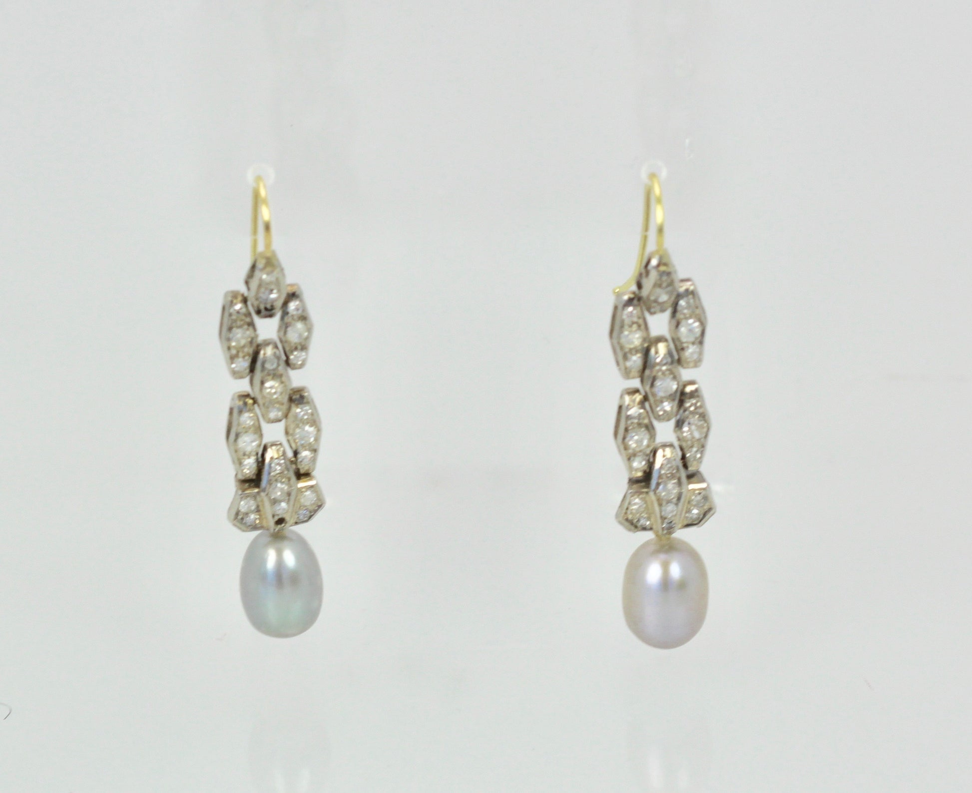Deco Diamond Pearl Drop Earrings Platinum and 14K