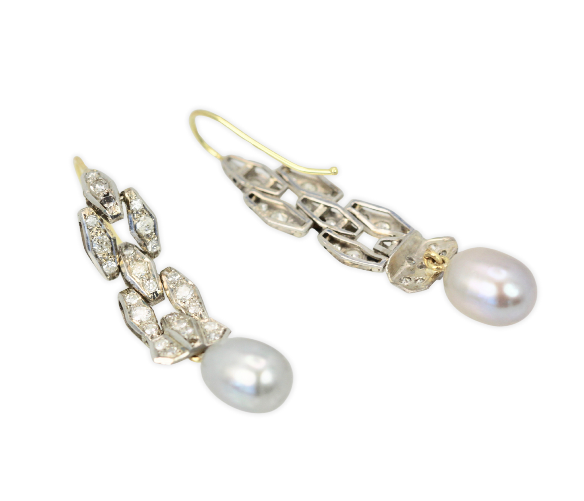 Deco Diamond Pearl Drop Earrings Platinum and 14K
