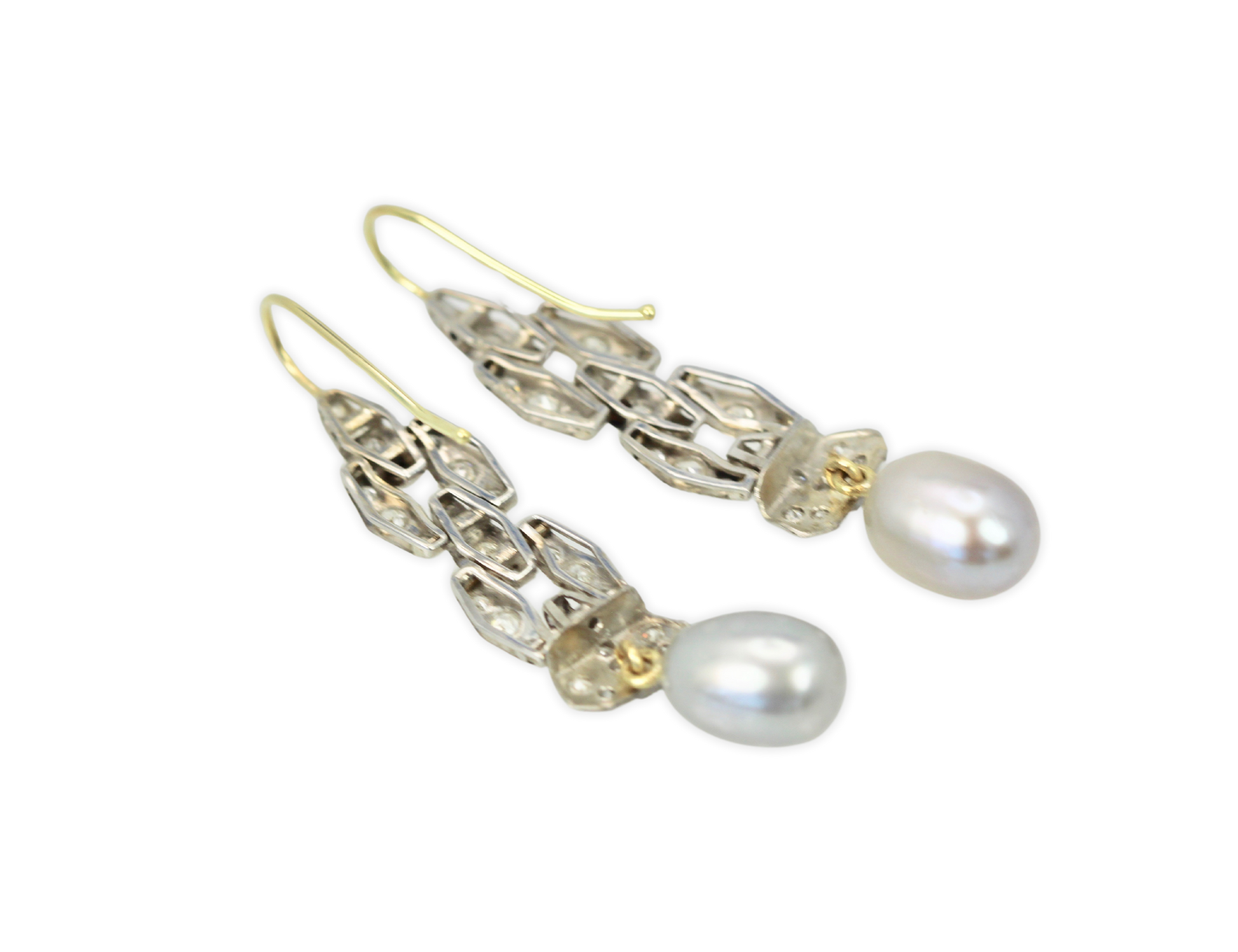 Deco Diamond Pearl Drop Earrings Platinum and 14K