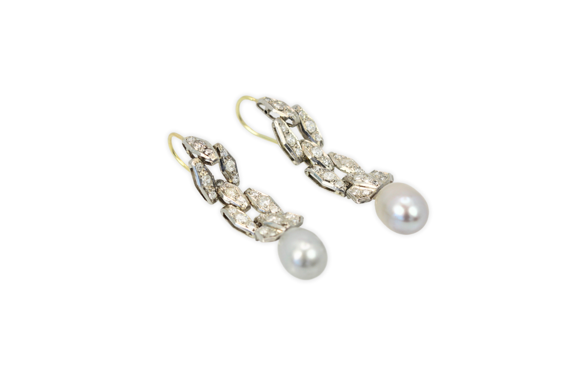 Deco Diamond Pearl Drop Earrings Platinum and 14K