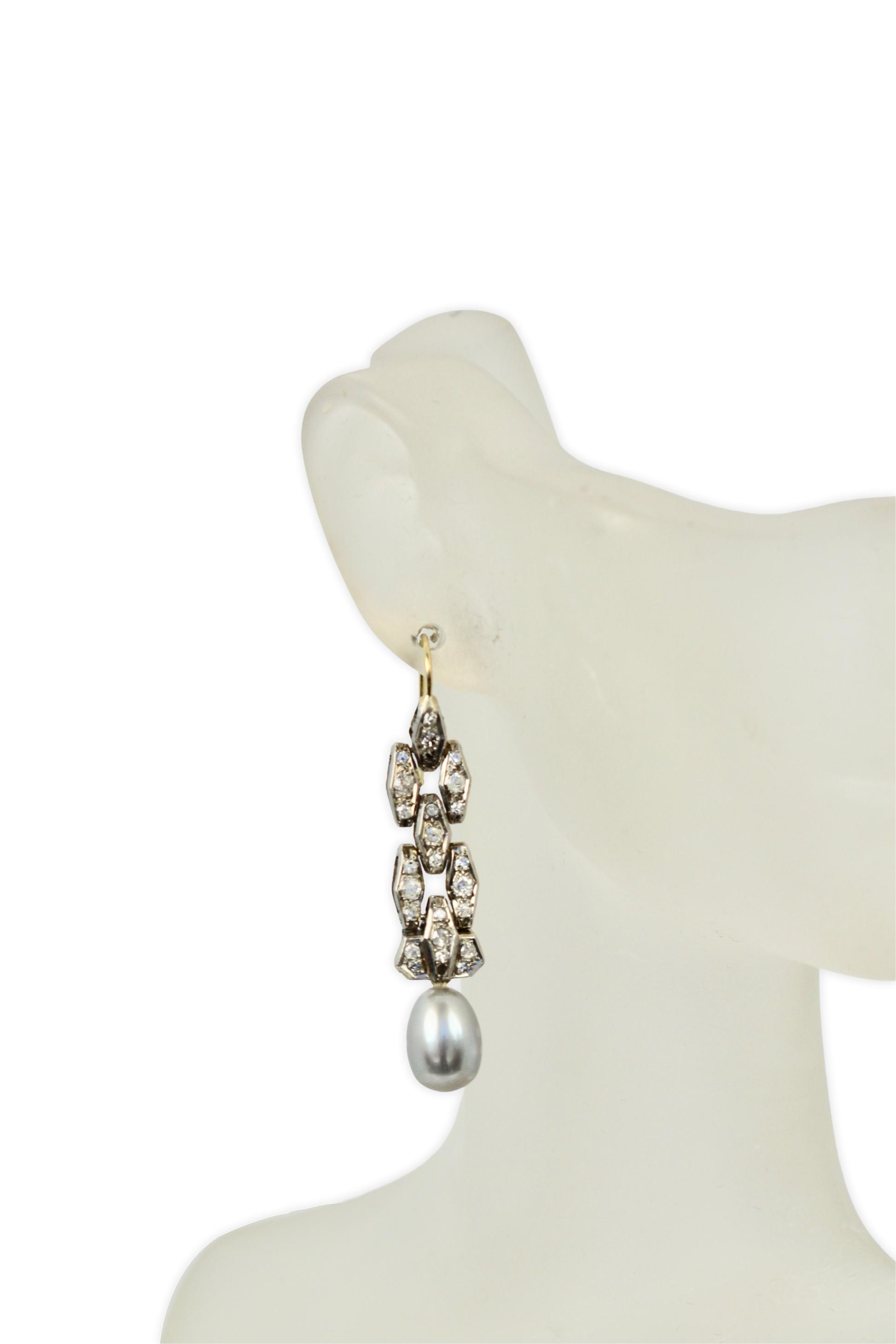 Deco Diamond Pearl Drop Earrings Platinum and 14K