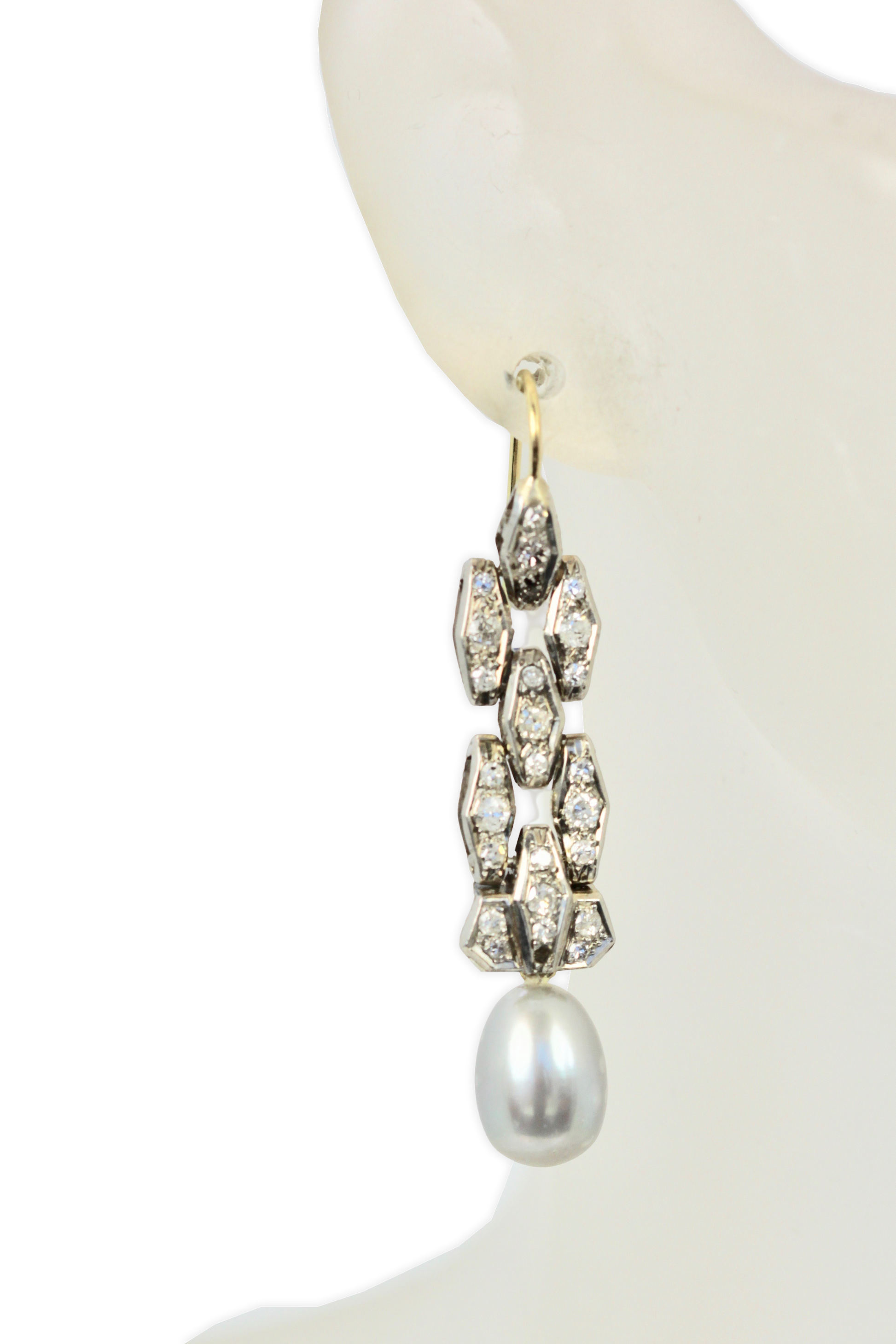 Deco Diamond Pearl Drop Earrings Platinum and 14K