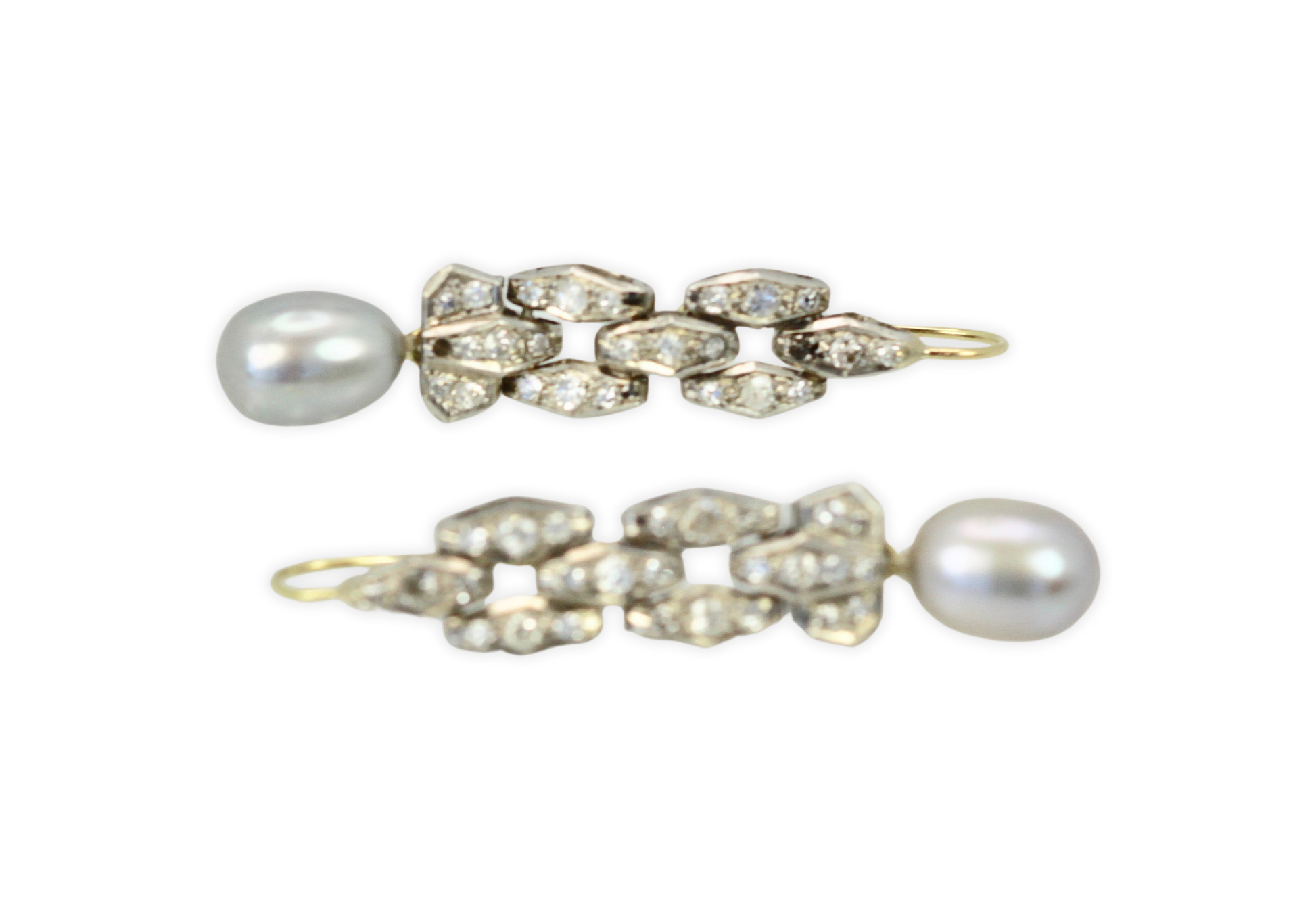 Deco Diamond Pearl Drop Earrings Platinum and 14K