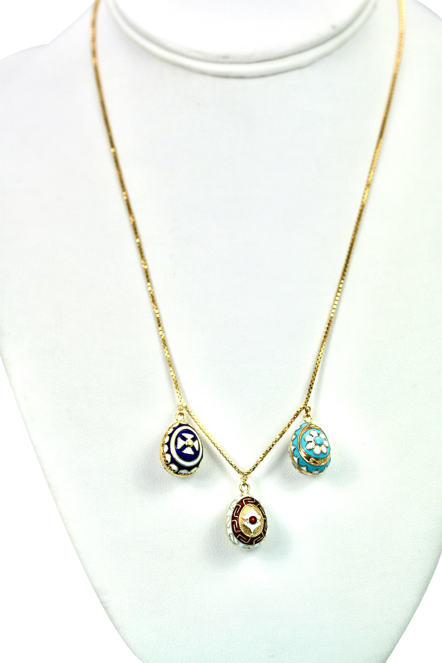 18K Gold Necklace with Red, Blue, Turquoise Eggs