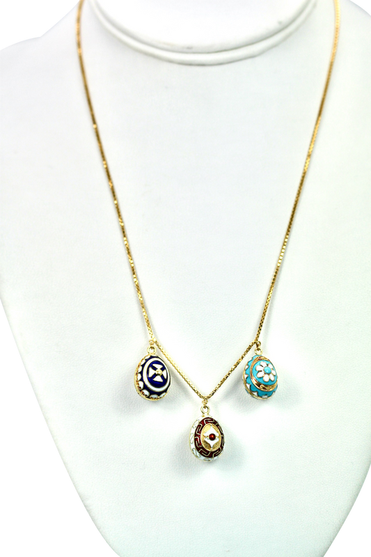 18K Gold Necklace with Red, Blue, Turquoise Eggs