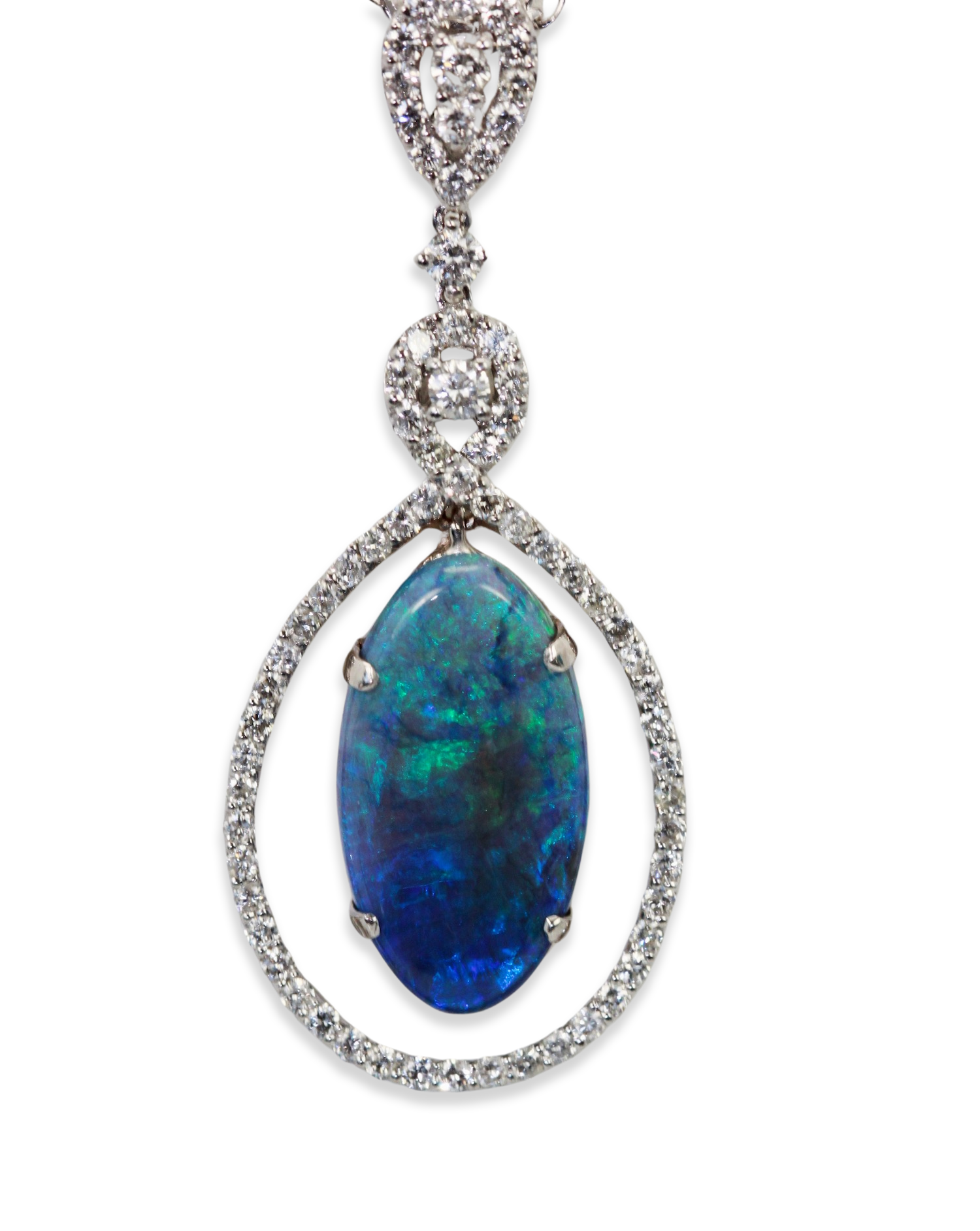 Opal drop pendant, diamond border