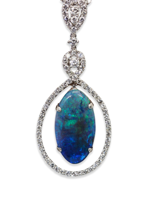 Opal drop pendant, diamond border