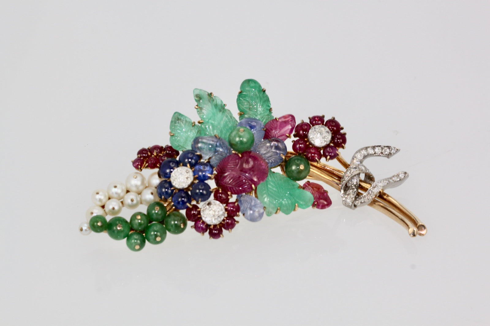 Diamond and gem brooch, 18K gold