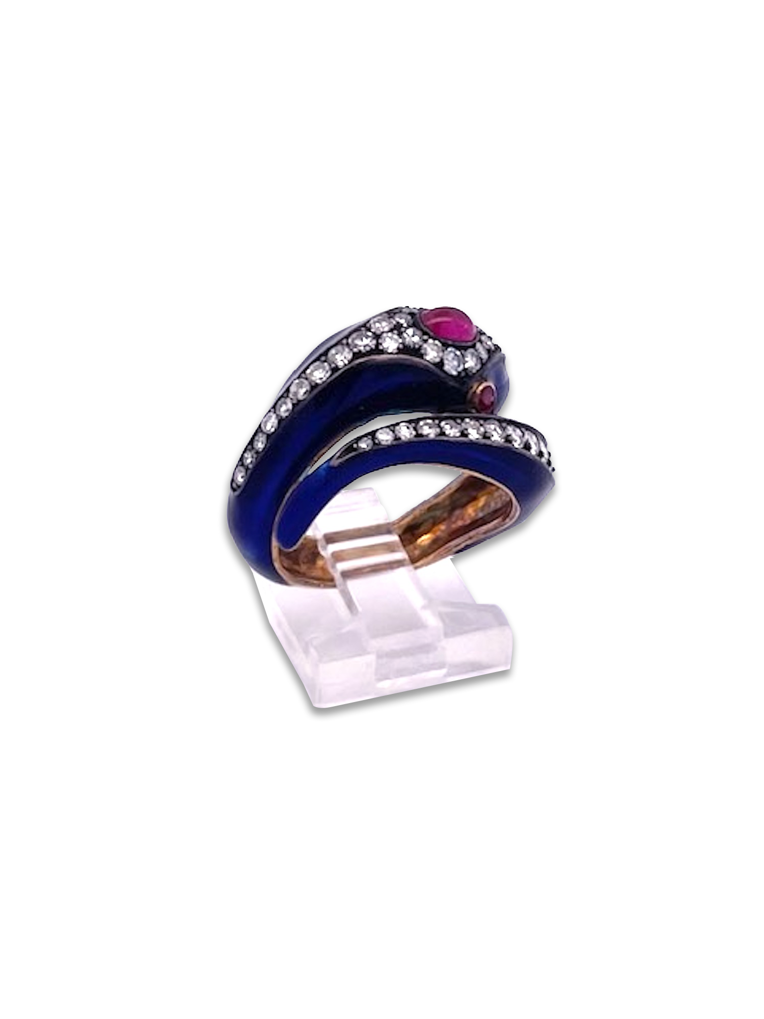 Blue enamel snake ring with 37 diamonds