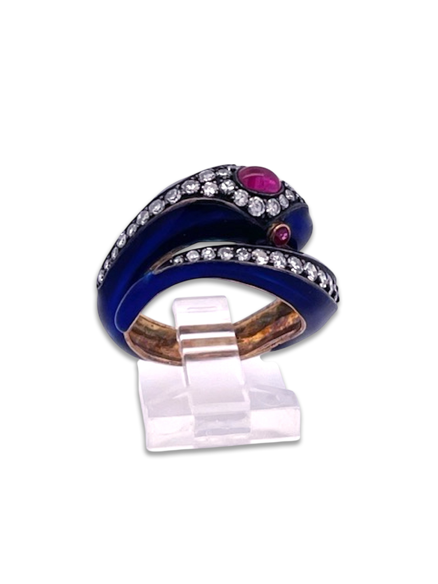 Blue enamel snake ring with 37 diamonds