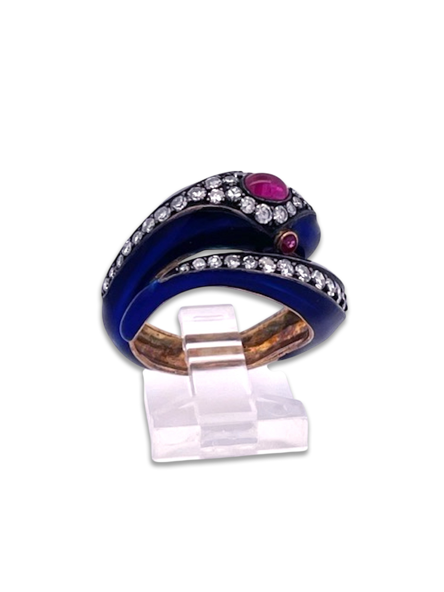 Antique 18K snake ring with rubies and diamonds