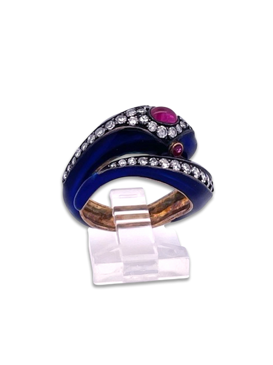 Antique 18K snake ring with rubies and diamonds