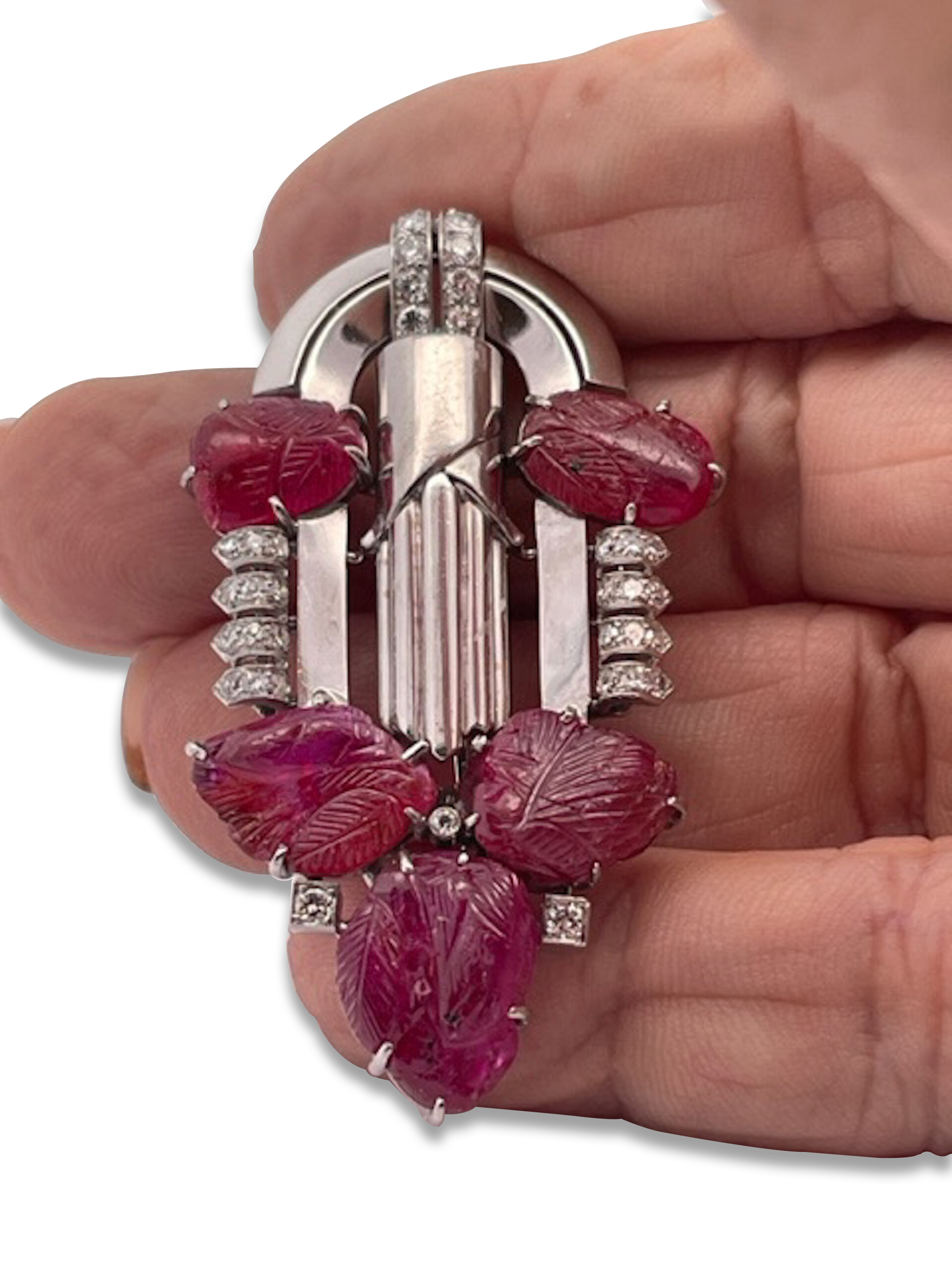 Art Deco Carved Ruby & Diamond Brooch