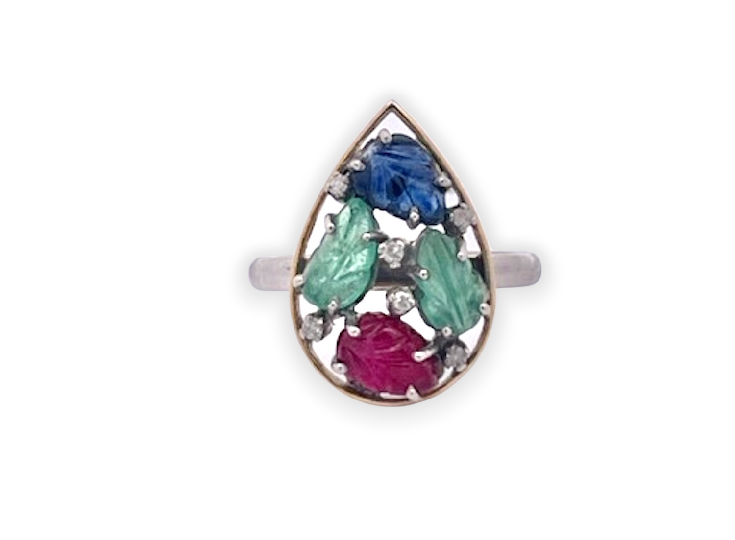 Teardrop earrings and ring with leaf-cut gems