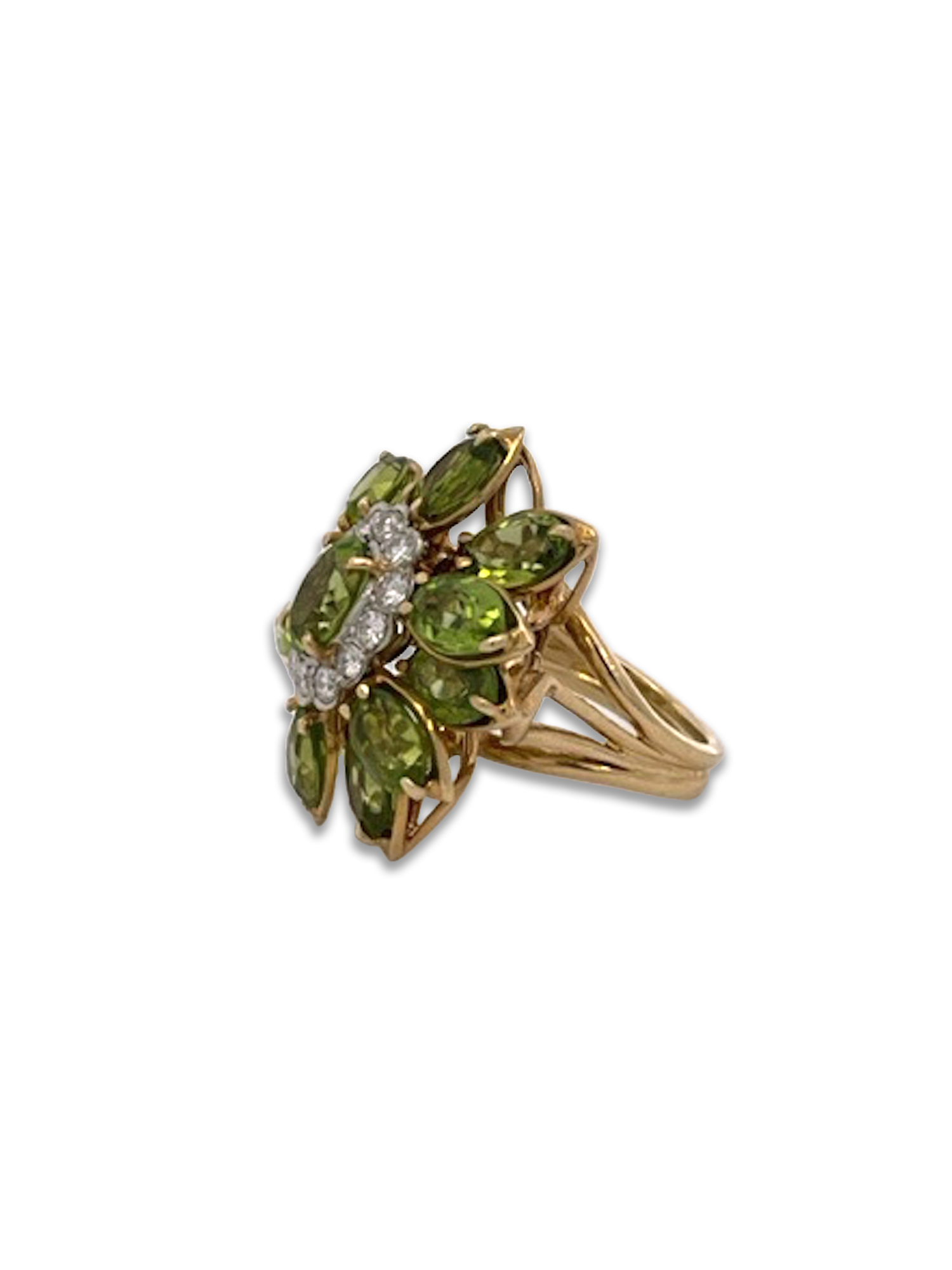 Wide 14K gold ring with marquise Peridots