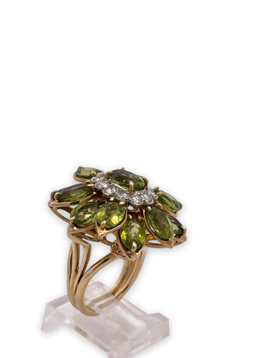 Large 14K gold Peridot and Diamond cocktail ring