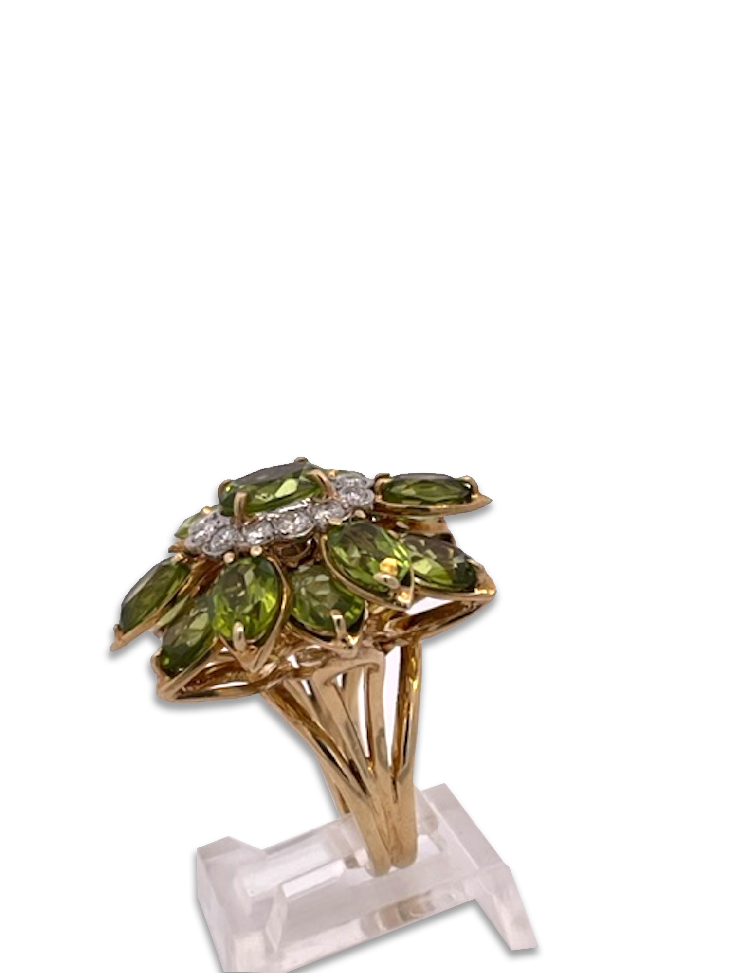 Peridot cluster ring with 12 marquise stones