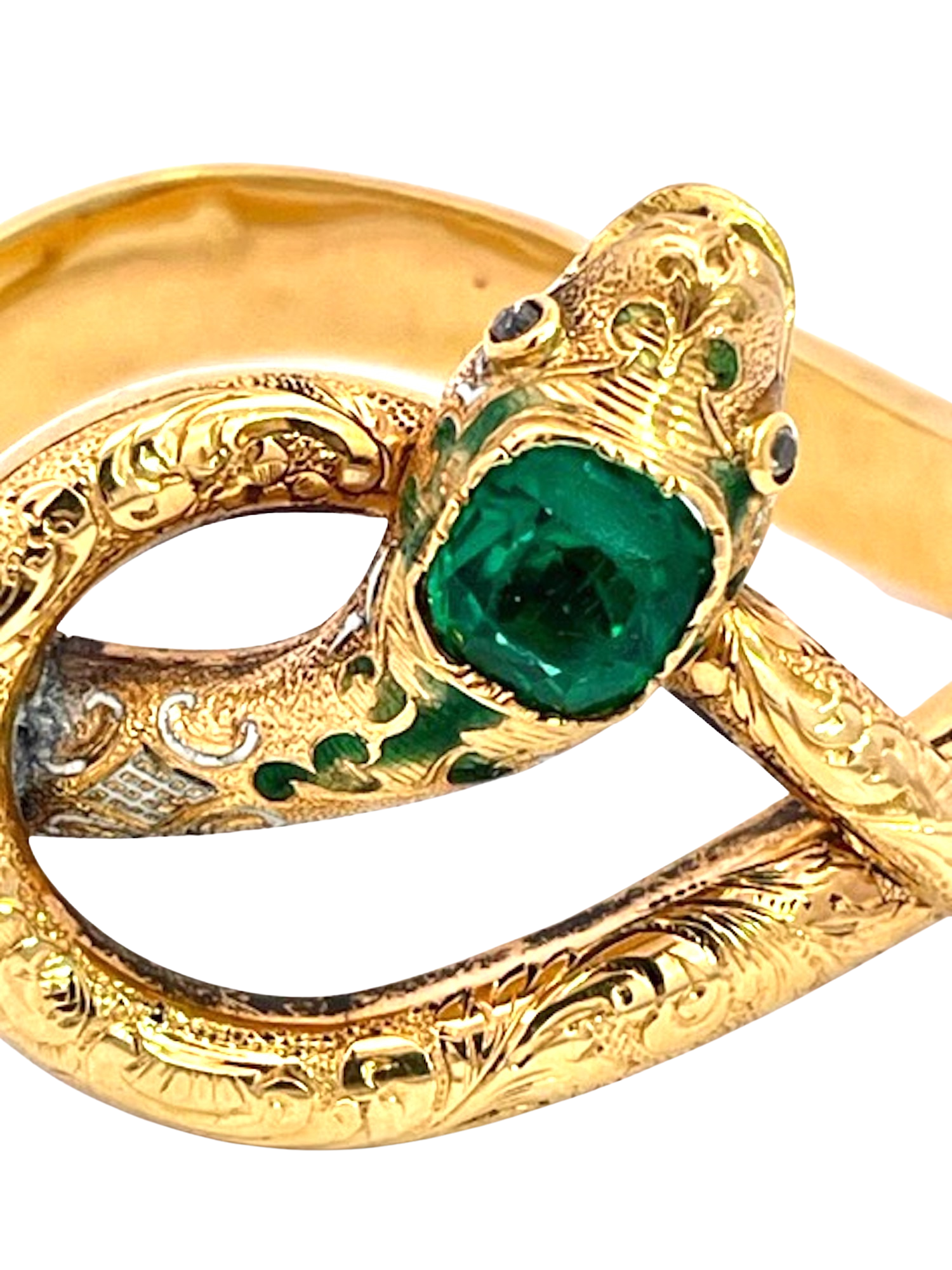 Emerald head snake bangle, 14K