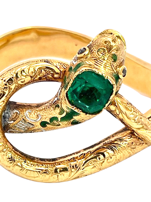 Emerald head snake bangle, 14K