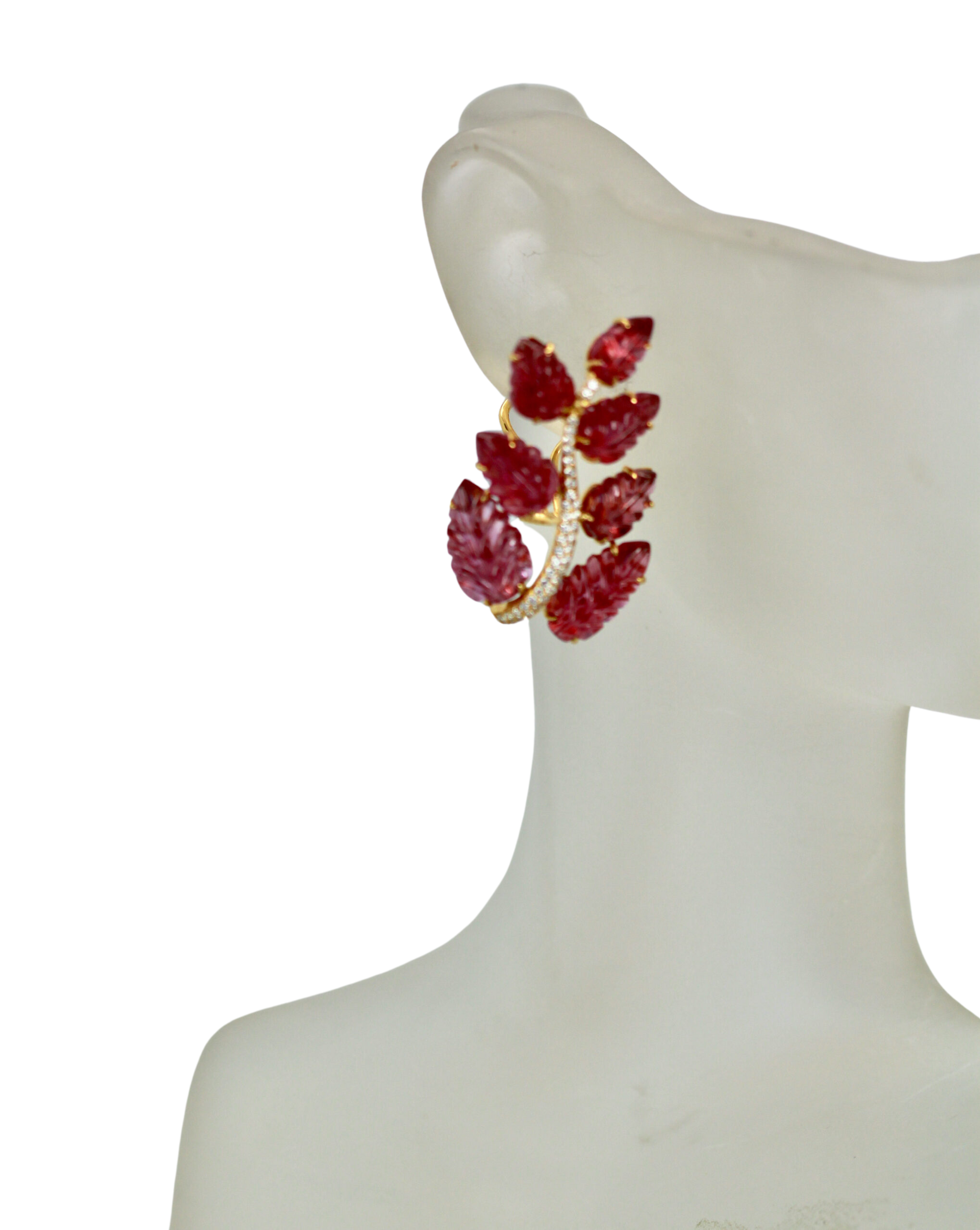 Gold earrings with rubellite leaves