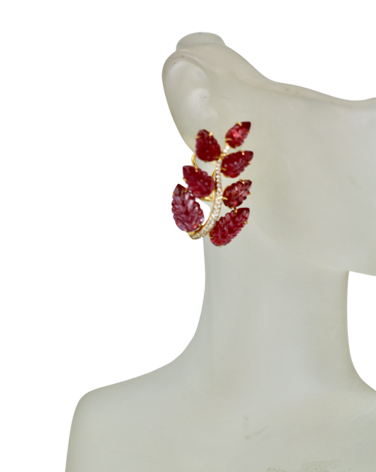 Gold earrings with rubellite leaves