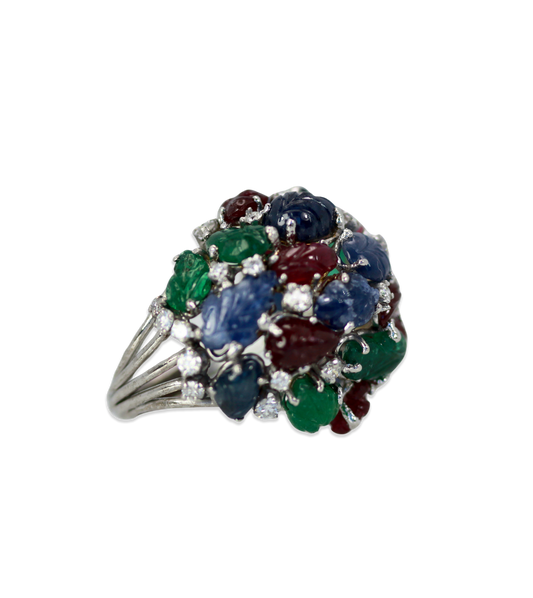 18K ring with emeralds, rubies, sapphires