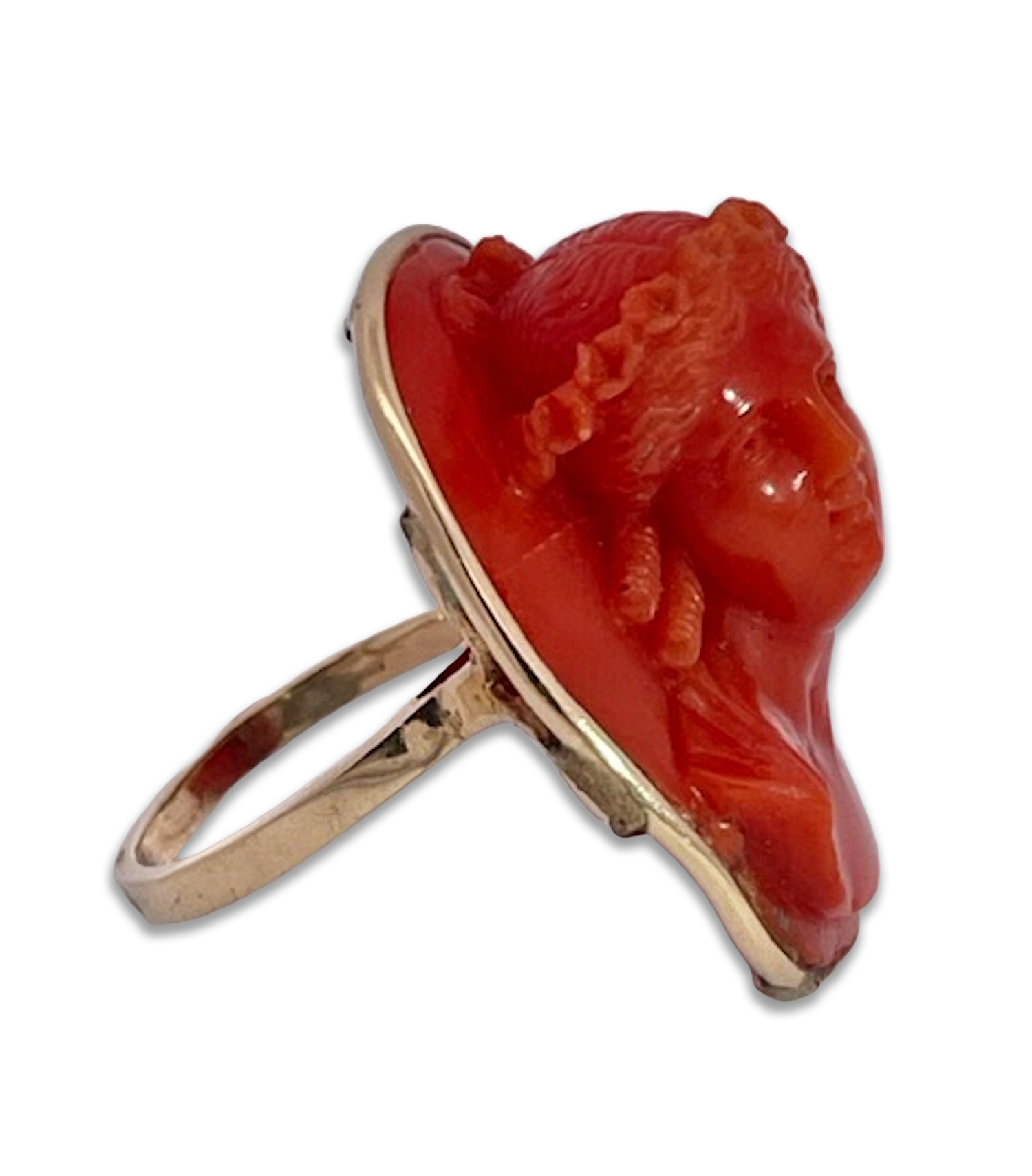 9K gold coral cameo ring