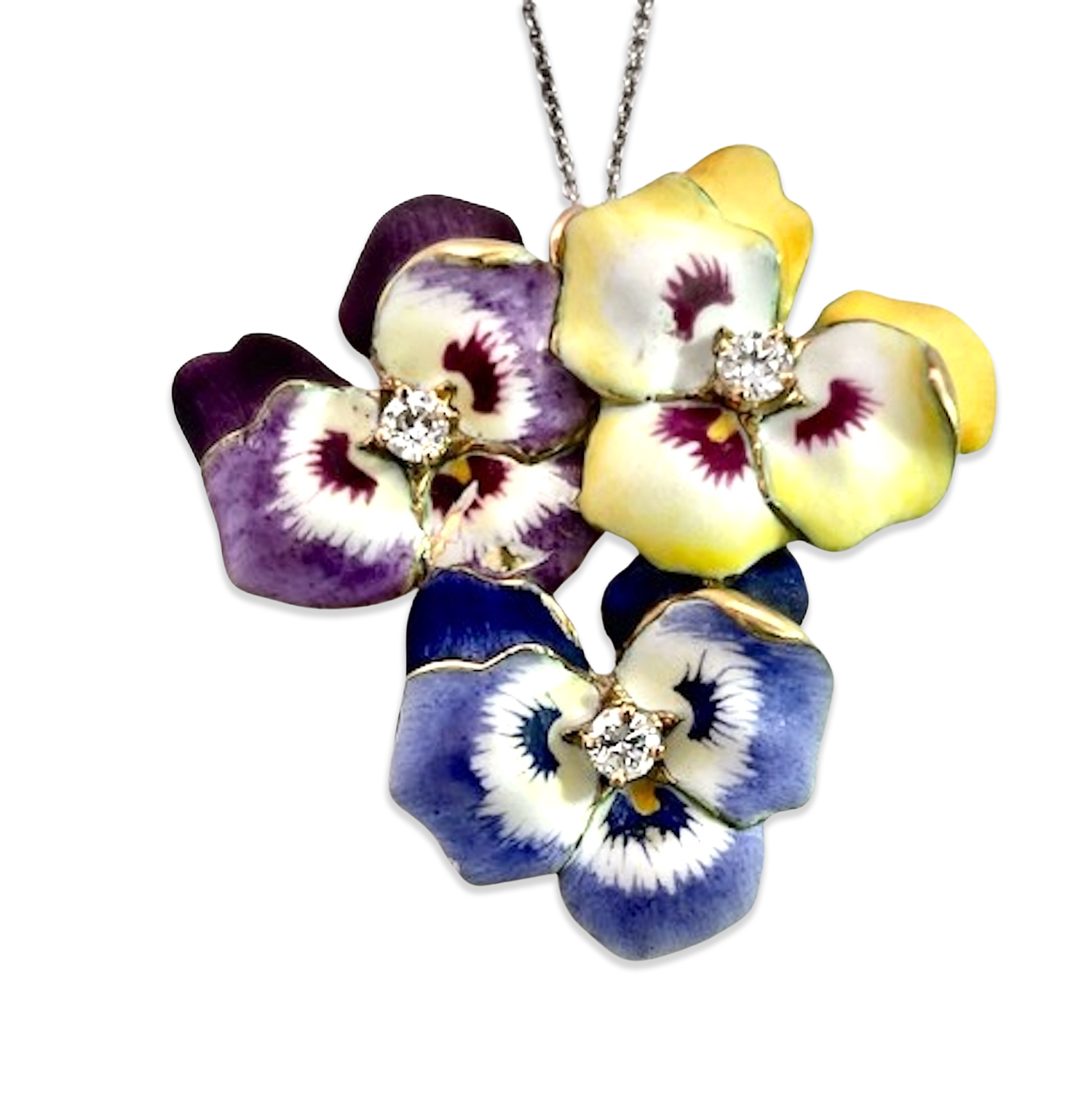 1960s Enamel Pansy Brooch Pendant with Diamonds