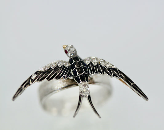 Antique Victorian Enamel Swallow Ring