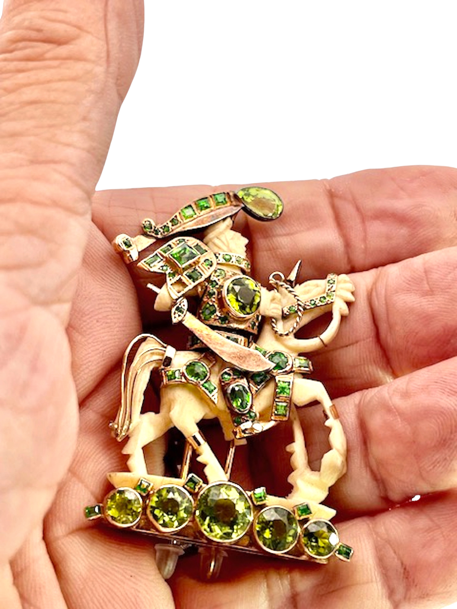 14K Carved Bone and Garnet Brooch
