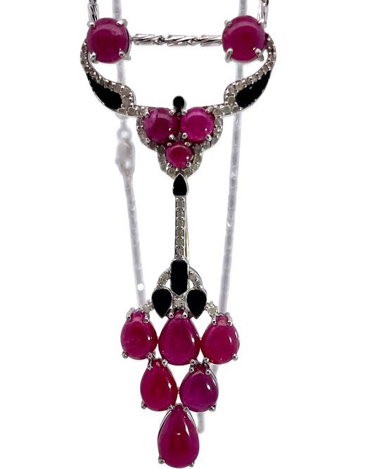 Ruby and Diamond Pendant Brooch with Onyx Accents and 18K Chain