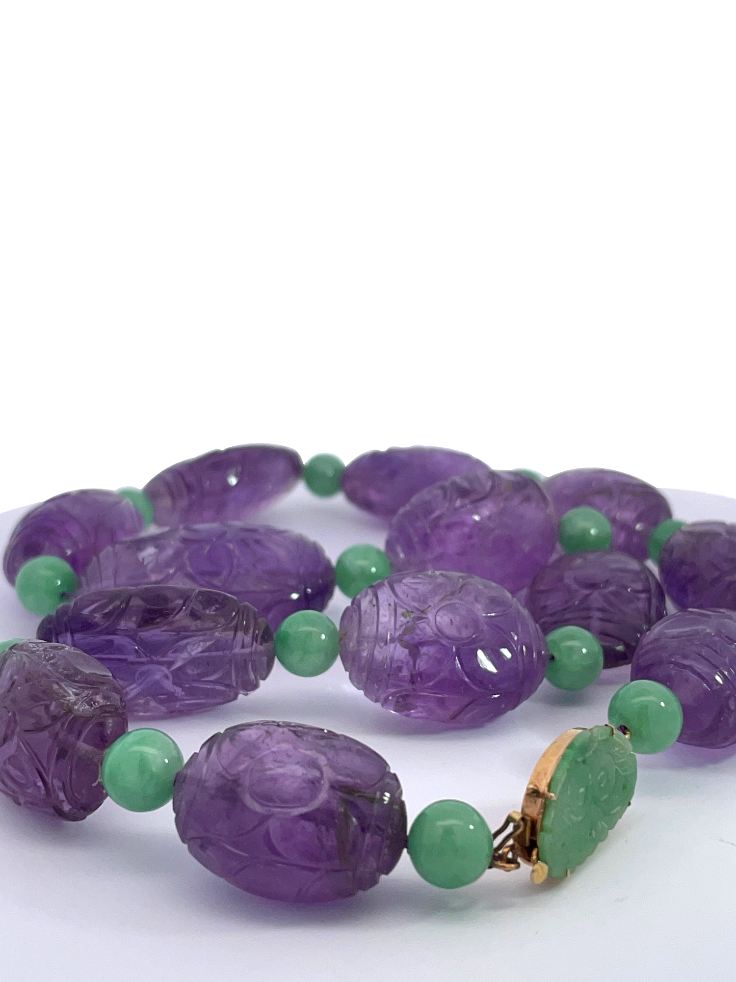 Amethyst Beads with Jade Carved Clasp