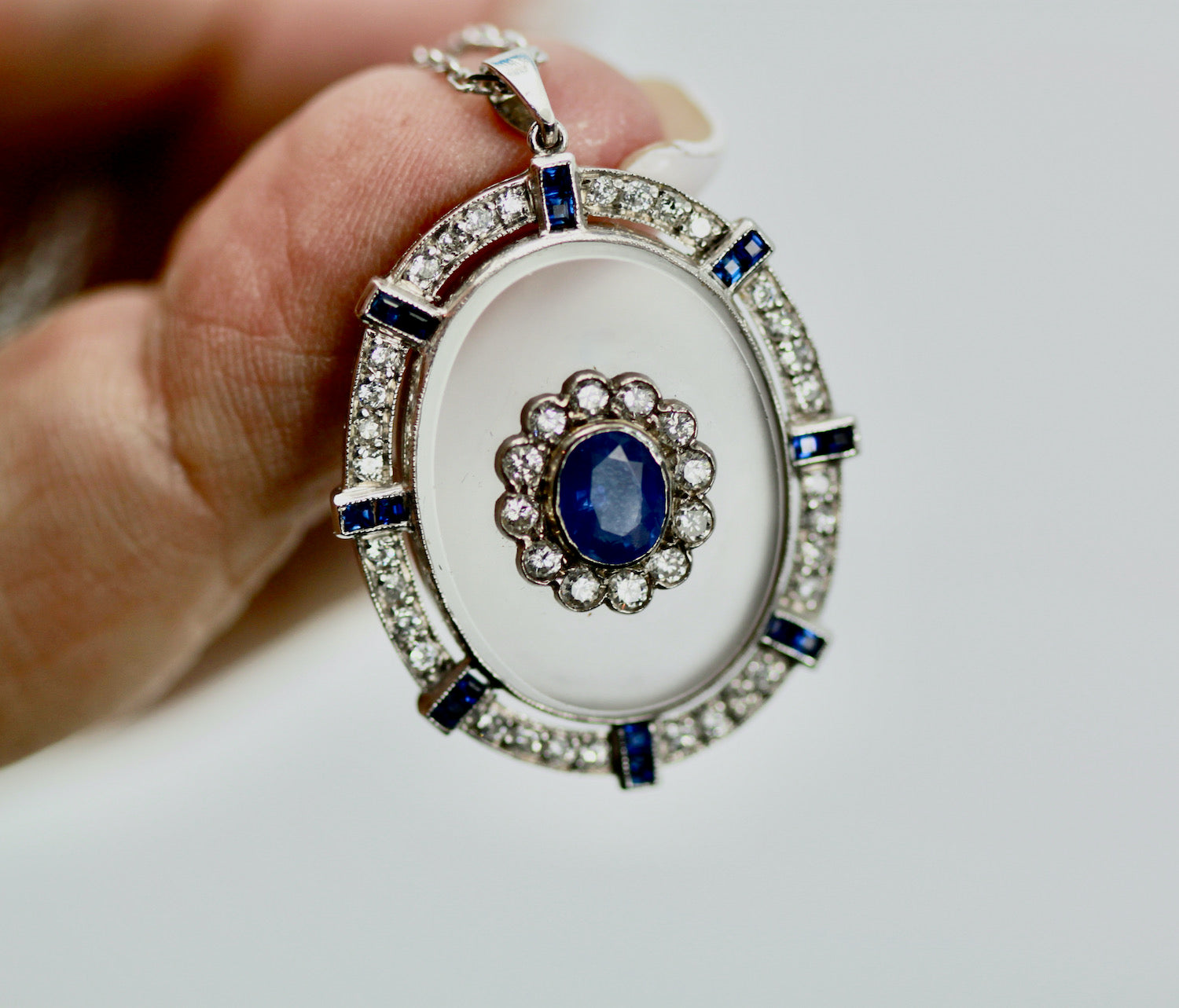Rock Crystal Pendant Sapphire Diamonds 18K