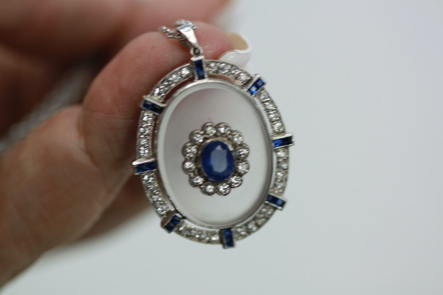 Rock Crystal Pendant Sapphire Diamonds 18K