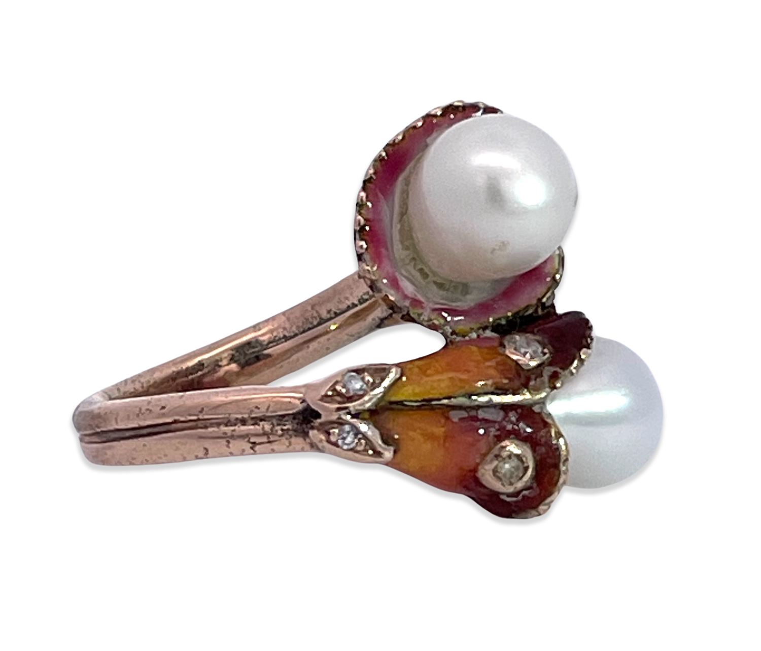 Antique Enamel Pearl Ring 14K